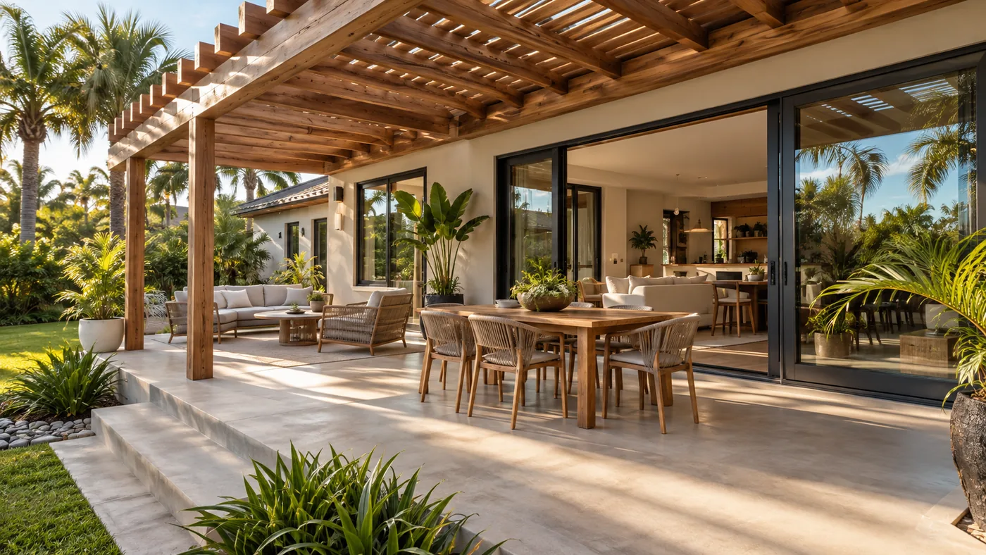 Original fictional concept image of a completed Florida home addition with a timber pergola, sliding glass doors and concrete terrace.