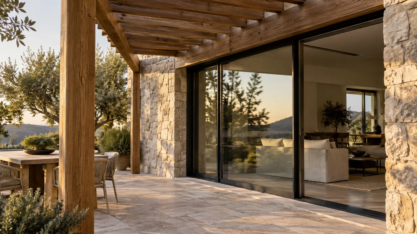 Timber pergola, sliding glass door and textured stone in warm light, created for the fictional Frame & Field concept.