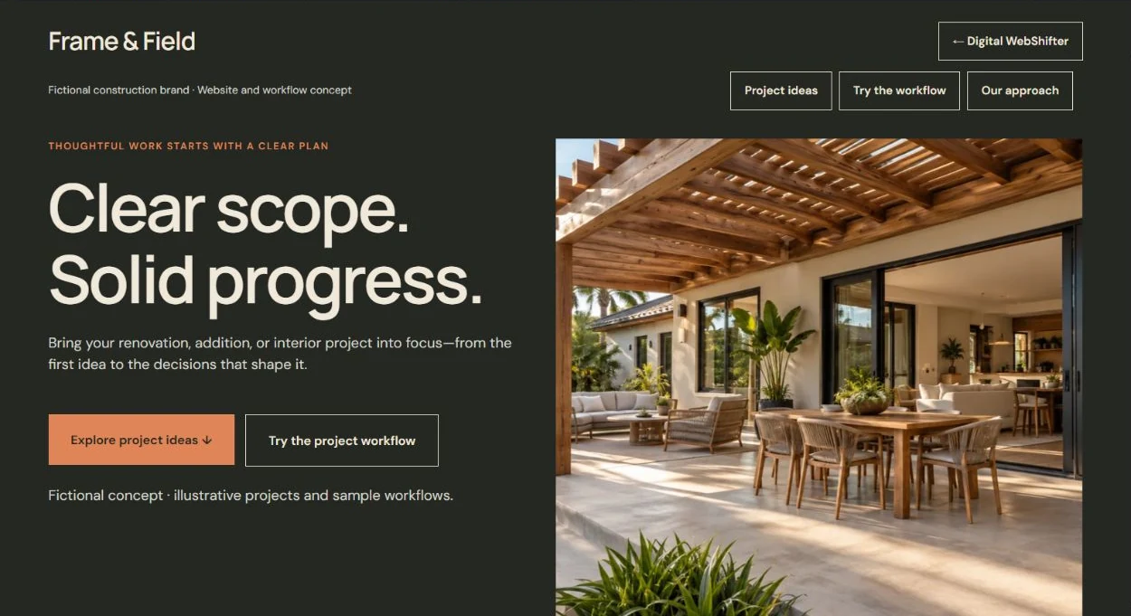 Screenshot of the Frame & Field fictional website concept by Digital WebShifter.