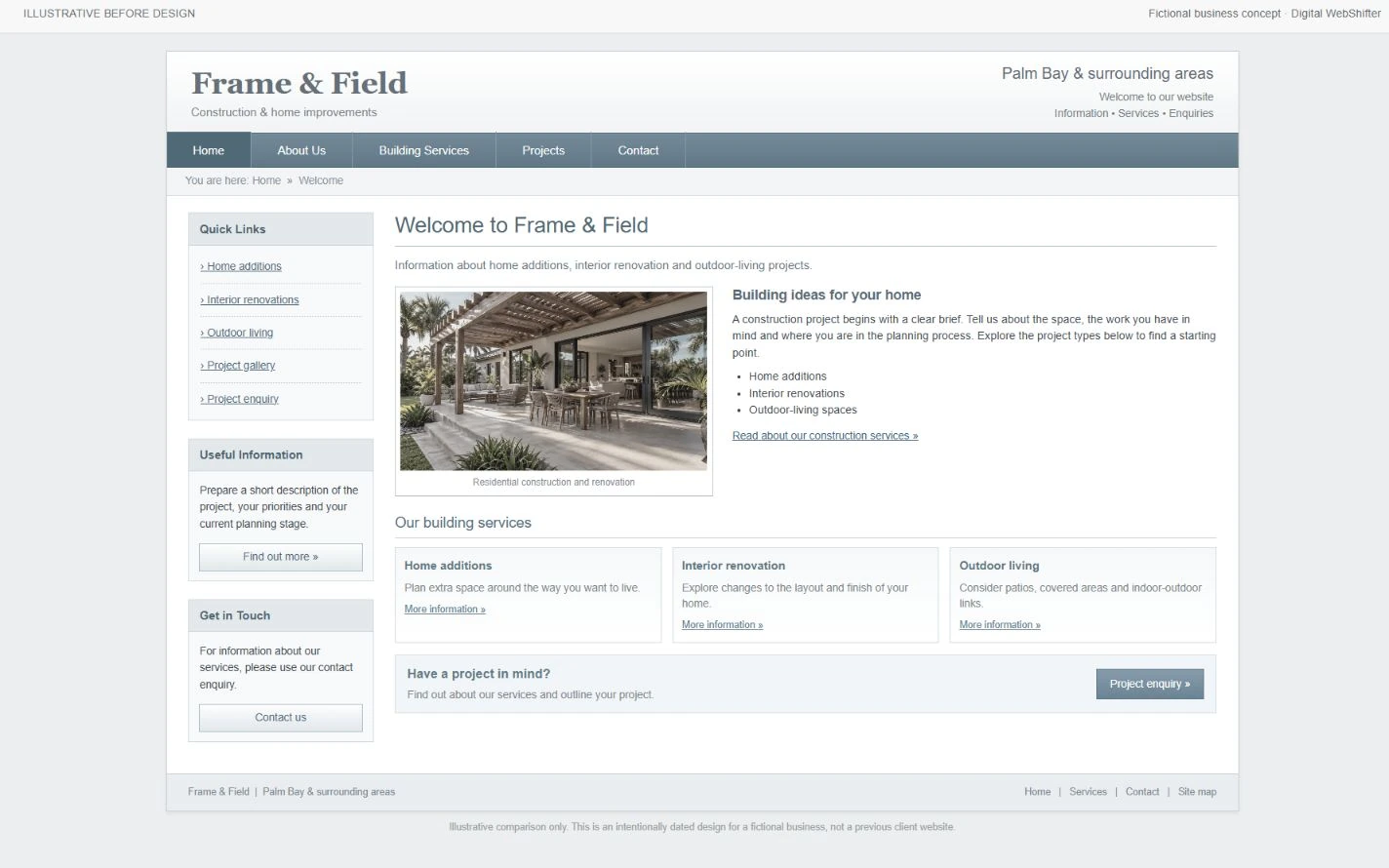 Intentionally dated illustrative before design for Frame & Field, not an actual client website.