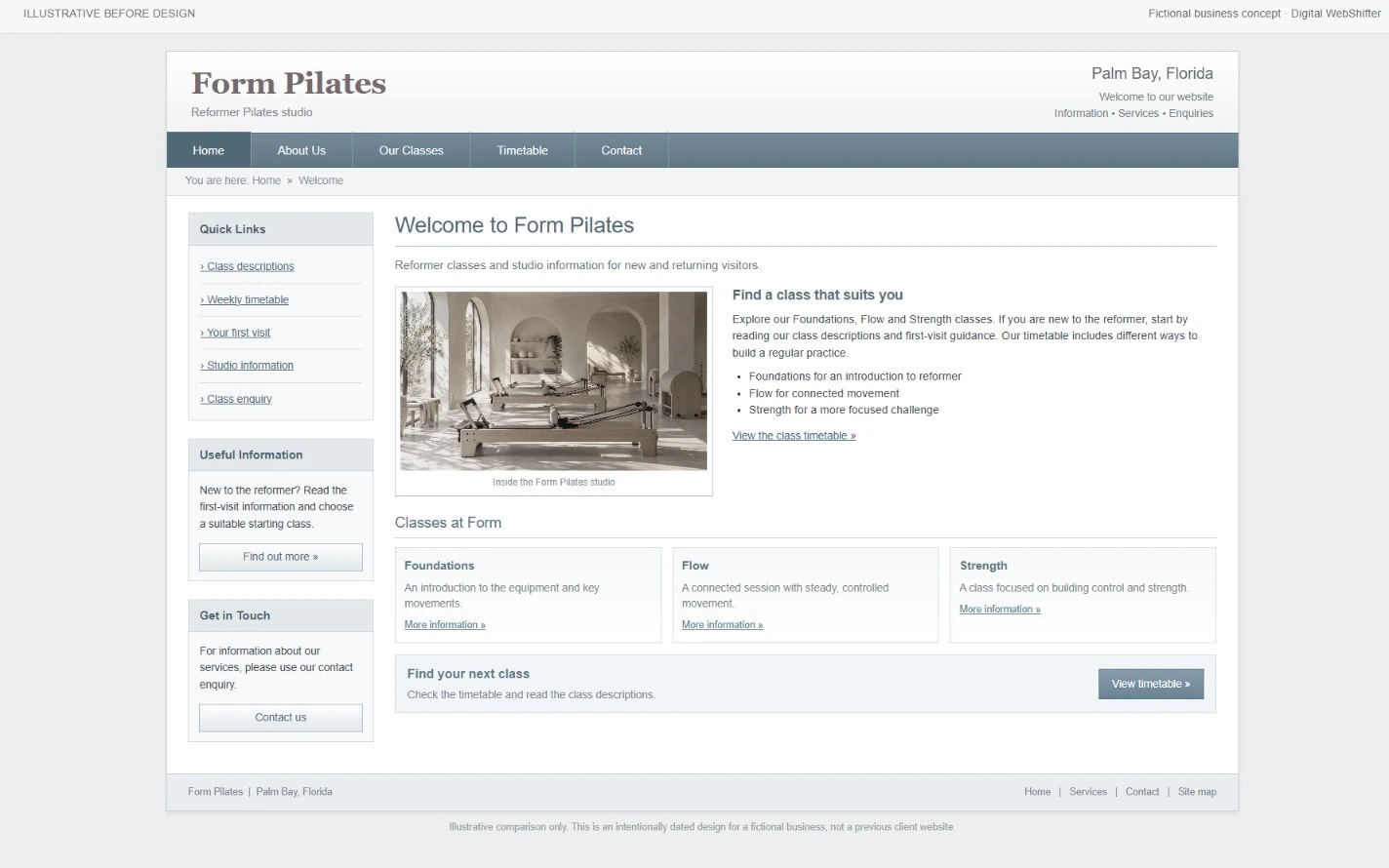 Intentionally dated illustrative before design for Form Pilates, not an actual client website.