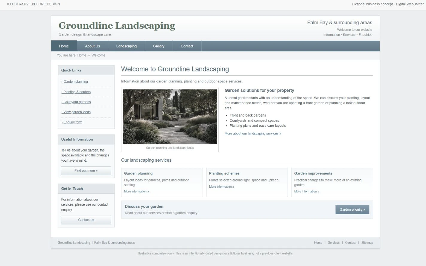 Intentionally dated illustrative before design for Groundline Landscaping, not an actual client website.