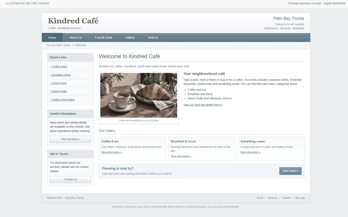 Intentionally dated illustrative before design for Kindred Café, not an actual client website.
