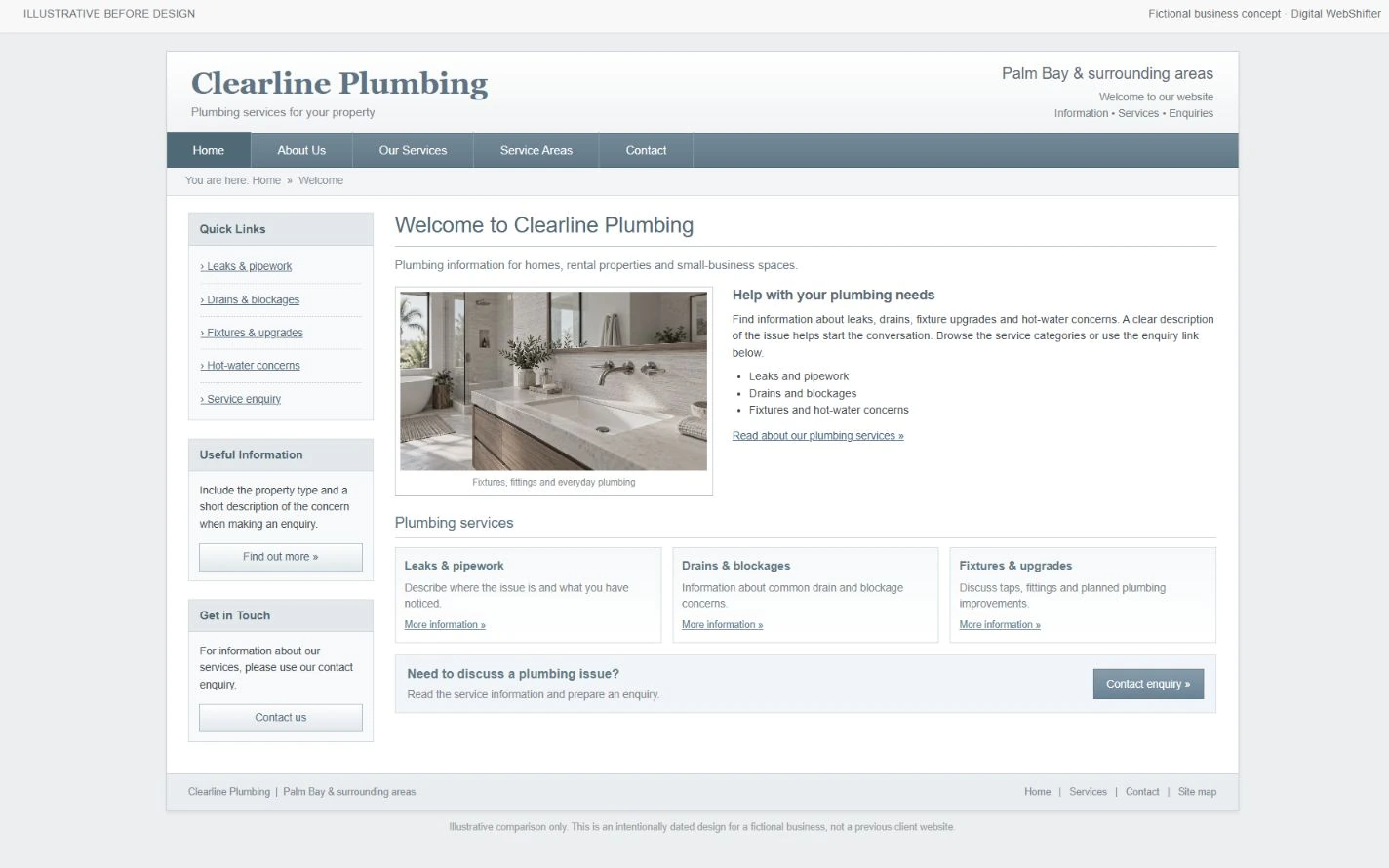 Intentionally dated illustrative before design for Clearline Plumbing, not an actual client website.