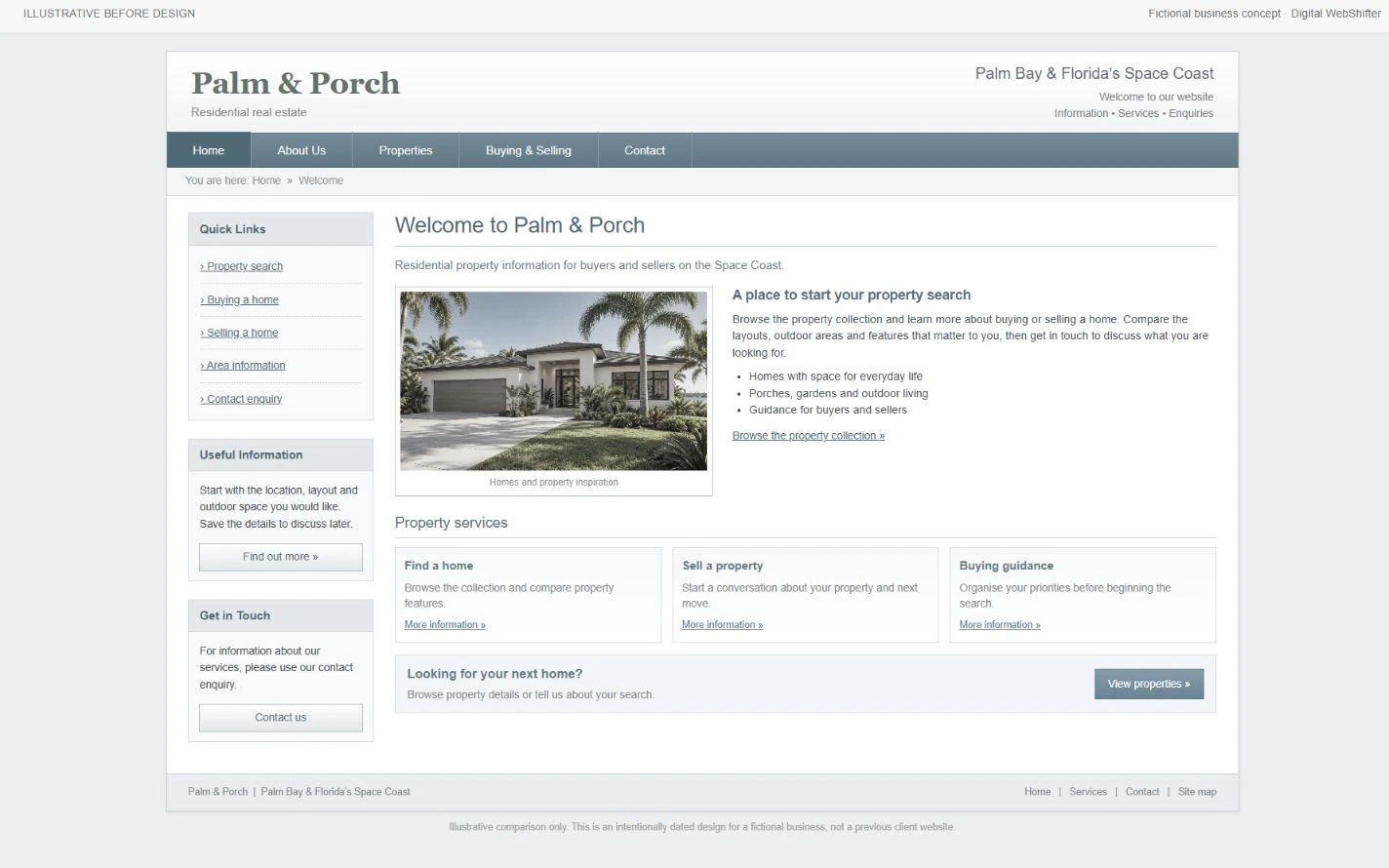 Intentionally dated illustrative before design for Palm & Porch, not an actual client website.