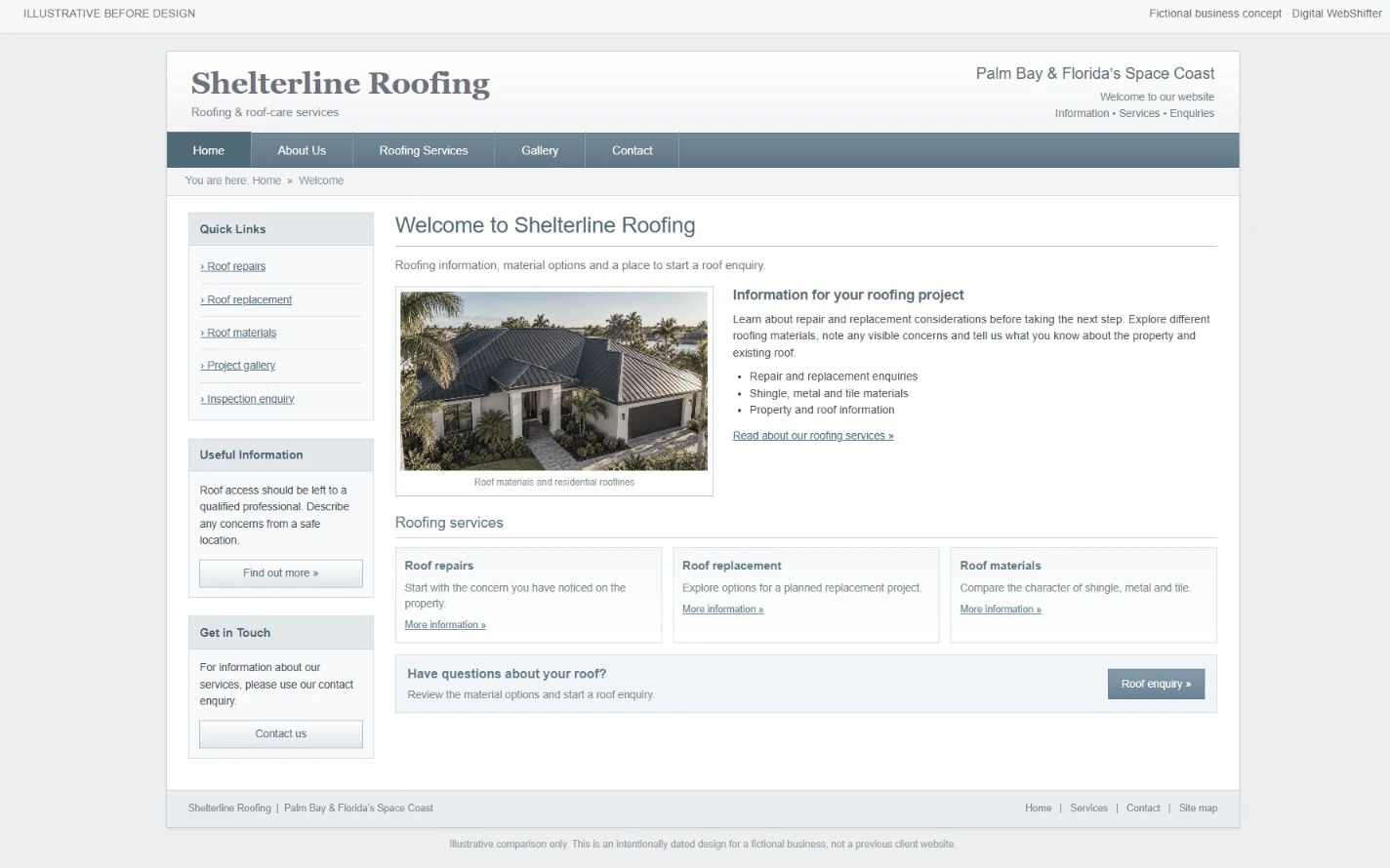 Intentionally dated illustrative before design for Shelterline Roofing, not an actual client website.