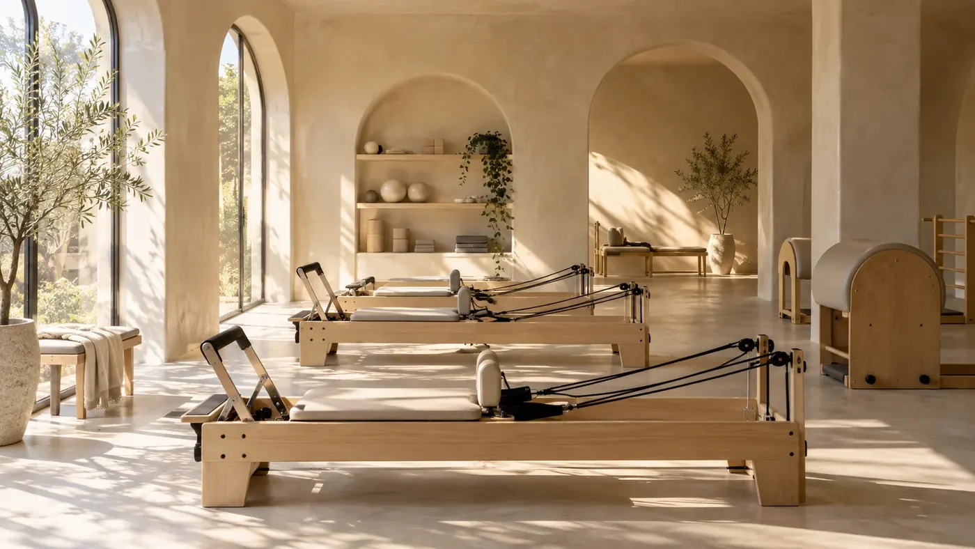 Sunlit Pilates studio with reformer equipment and sculptural arches