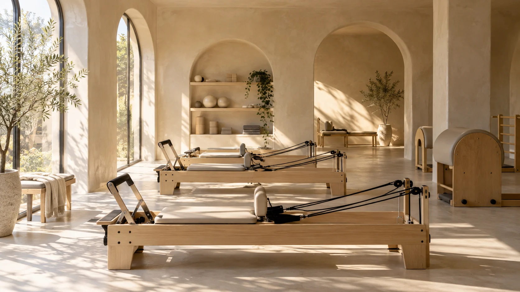 Sunlit Pilates studio with reformer equipment and sculptural arches