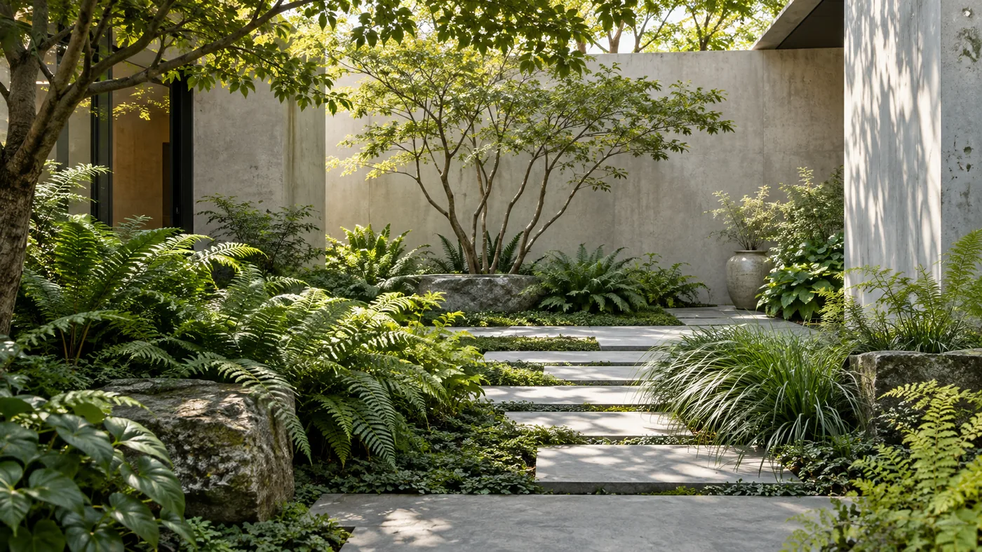 A quiet landscaped courtyard with layered ferns and pale stone paving