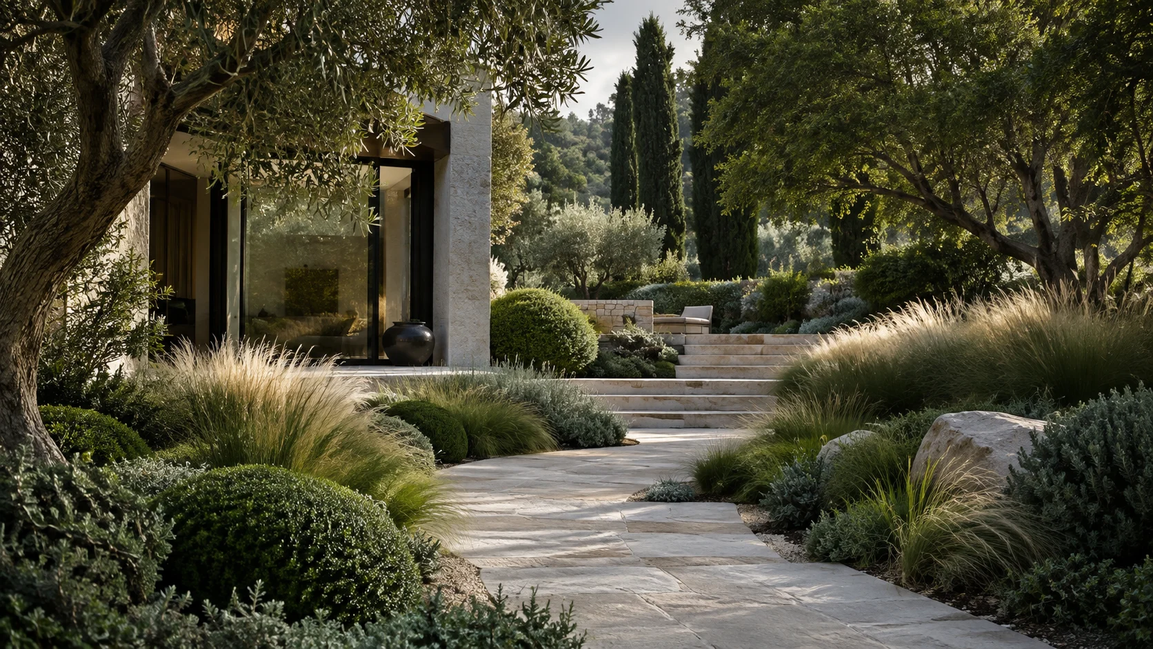 Lush architectural garden with ornamental grasses and a limestone path
