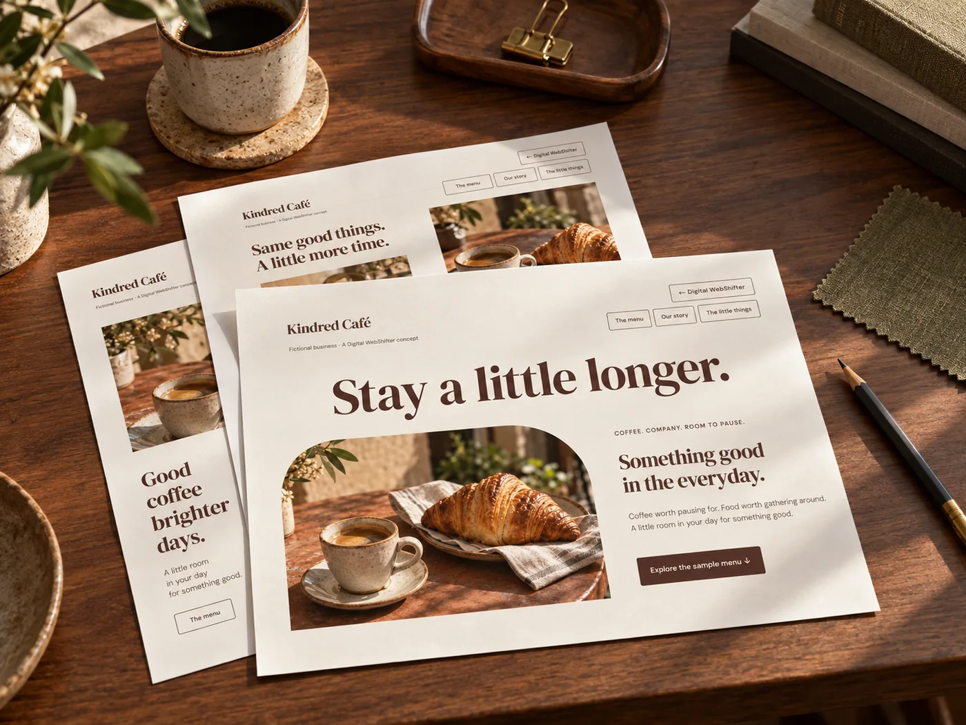 Illustrative printed Kindred Cafe concept layouts arranged on a walnut desk.