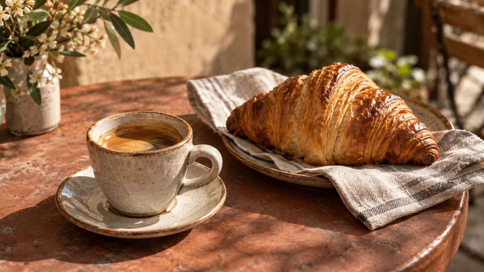 Espresso and croissant on a terracotta cafe table in warm morning light