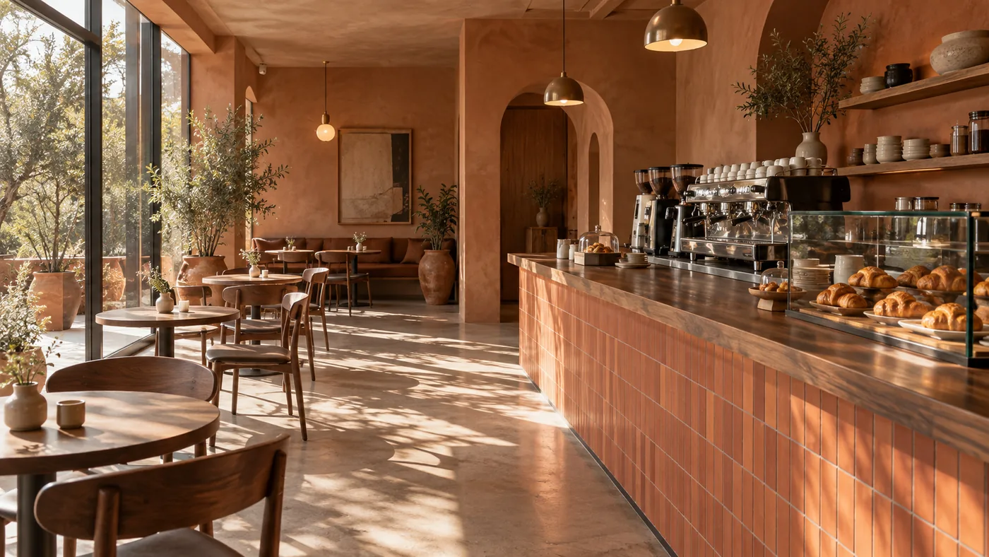 Warm walnut and terracotta café interior with a sunlit pastry counter