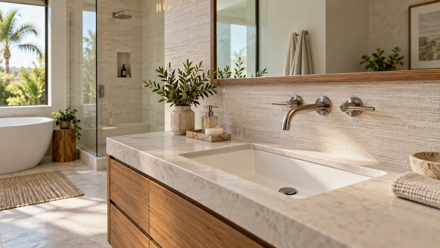 Original fictional concept image of a residential bathroom with a wall-mounted faucet, white basin, textured tile and wood vanity.
