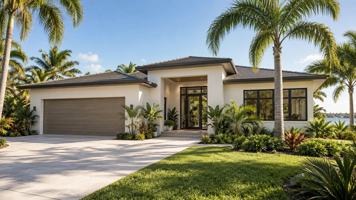 Original fictional concept image of a modern Florida home with warm white stucco, palms and tropical landscaping.
