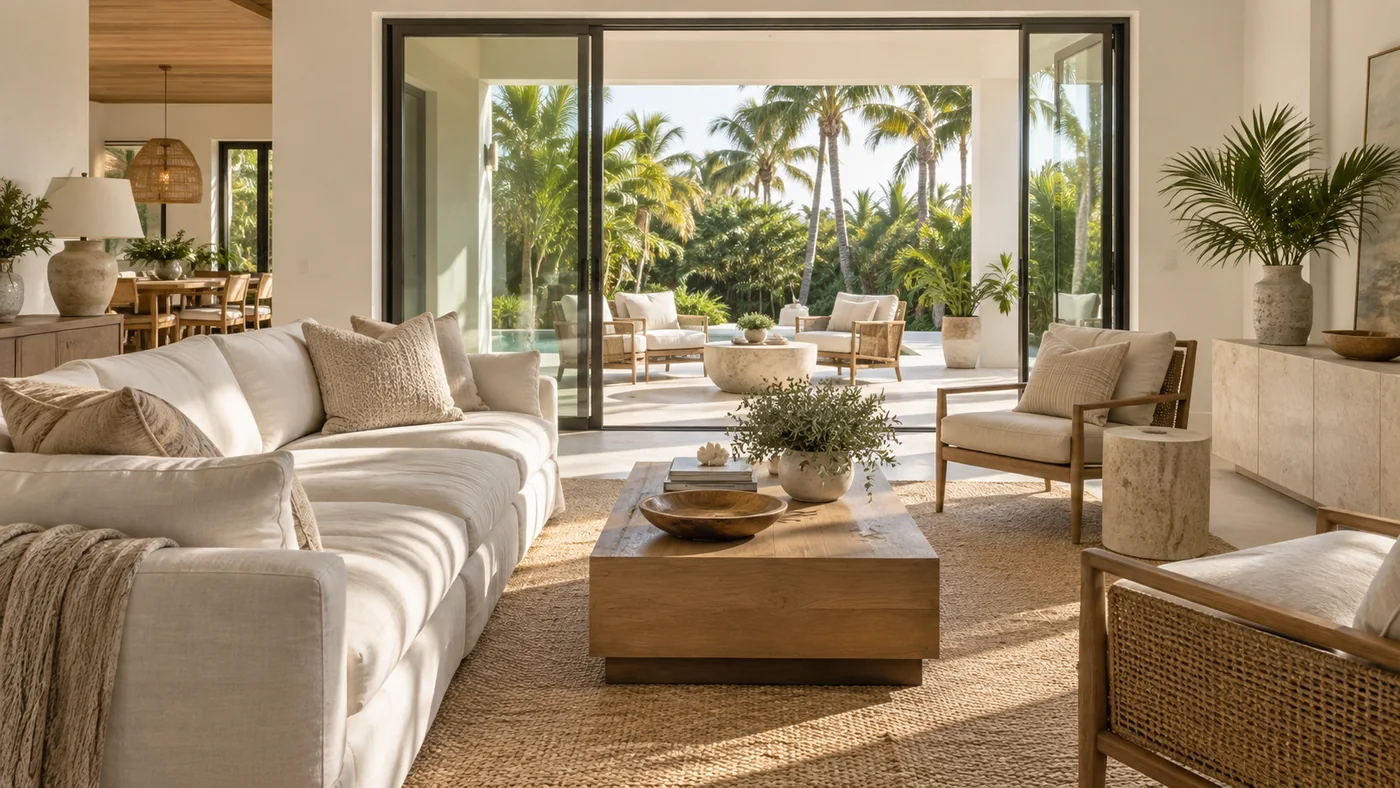 Sunlit Florida-style living room opening to a palm-lined patio, created for the fictional Palm & Porch concept.