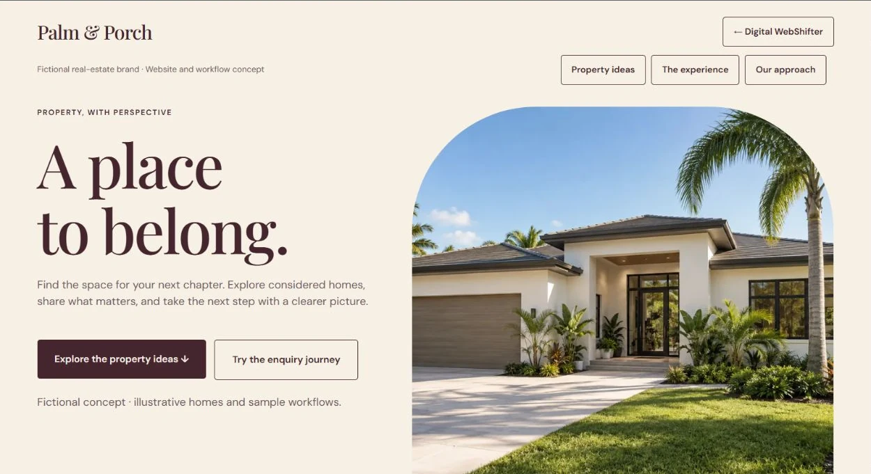Screenshot of the Palm & Porch fictional website concept by Digital WebShifter.