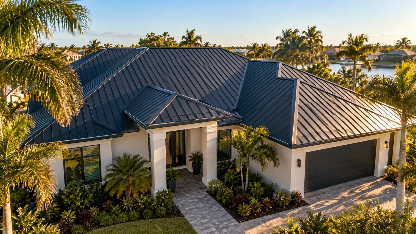 Original fictional concept image of a Florida home with a dark standing-seam metal roof, viewed from a low aerial angle.