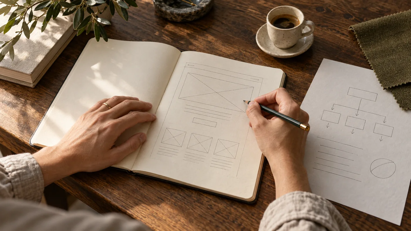 Illustrative hands sketching a website layout beside project planning notes.
