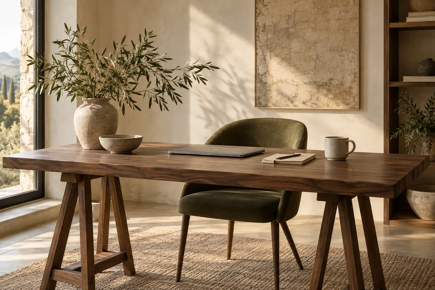 Illustrative warm design workspace with walnut desk and olive chair.