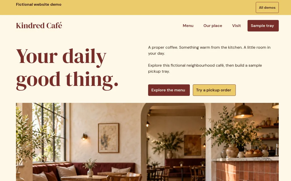 Desktop preview of the fictional Kindred café website with coffee and croissant photography
