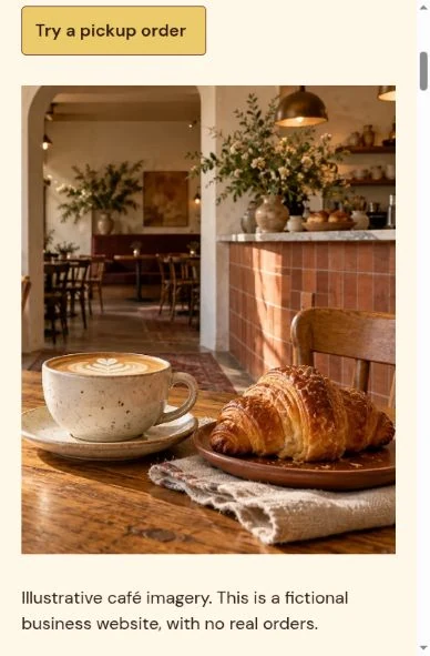 Phone view of the fictional Kindred café website, showing its hero photograph and sample pickup action
