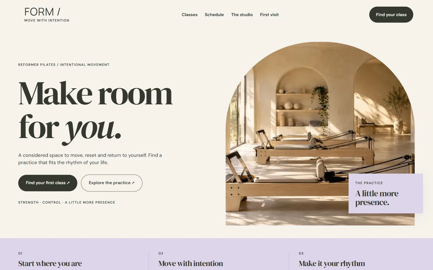 FORM Pilates — desktop capture of the redesigned fictional website, October 2026.