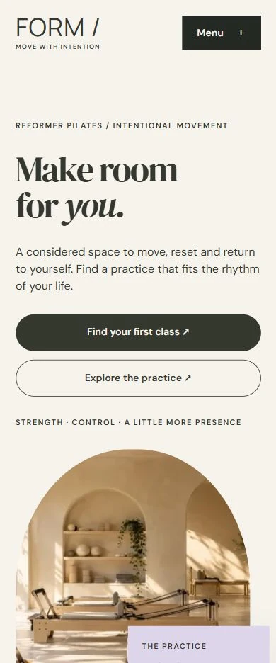 FORM Pilates — mobile capture of the redesigned fictional website, October 2026.