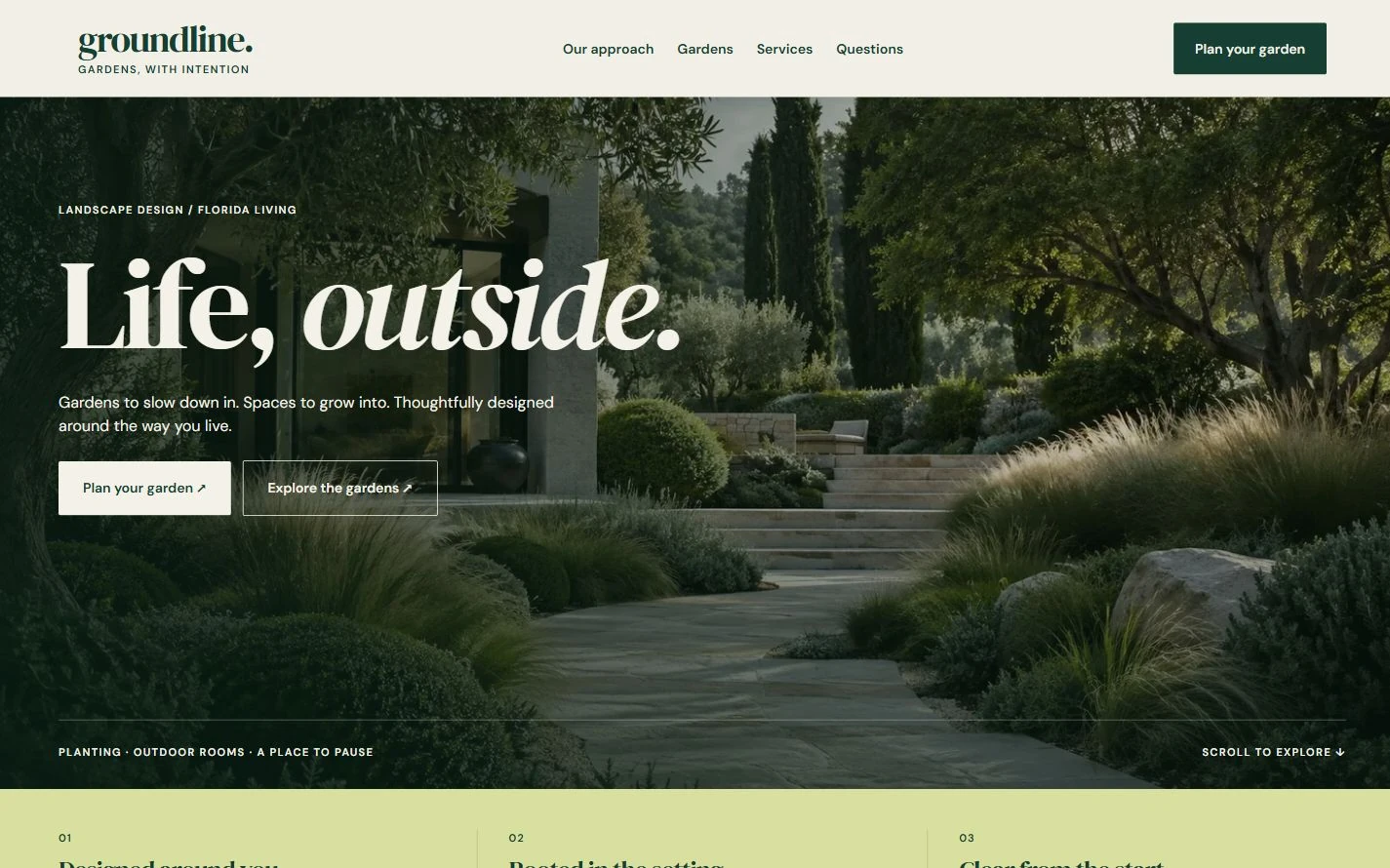 Groundline Landscaping — desktop capture of the redesigned fictional website, October 2026.