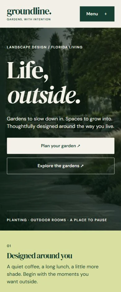 Groundline Landscaping — mobile capture of the redesigned fictional website, October 2026.