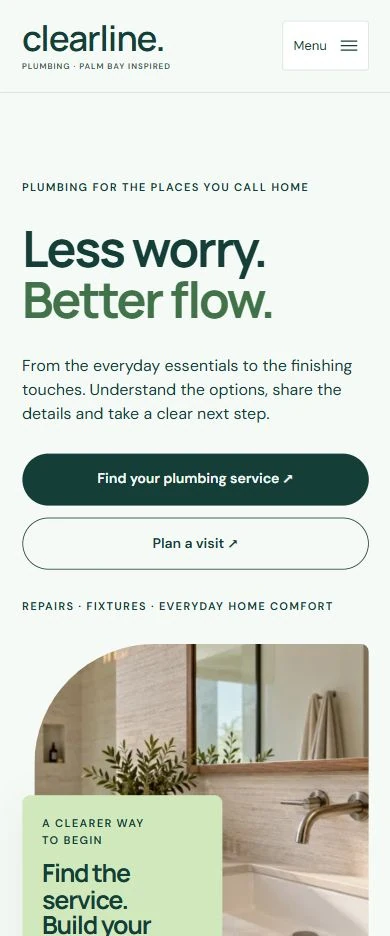 Clearline Plumbing — mobile capture of the redesigned fictional website, October 2026.