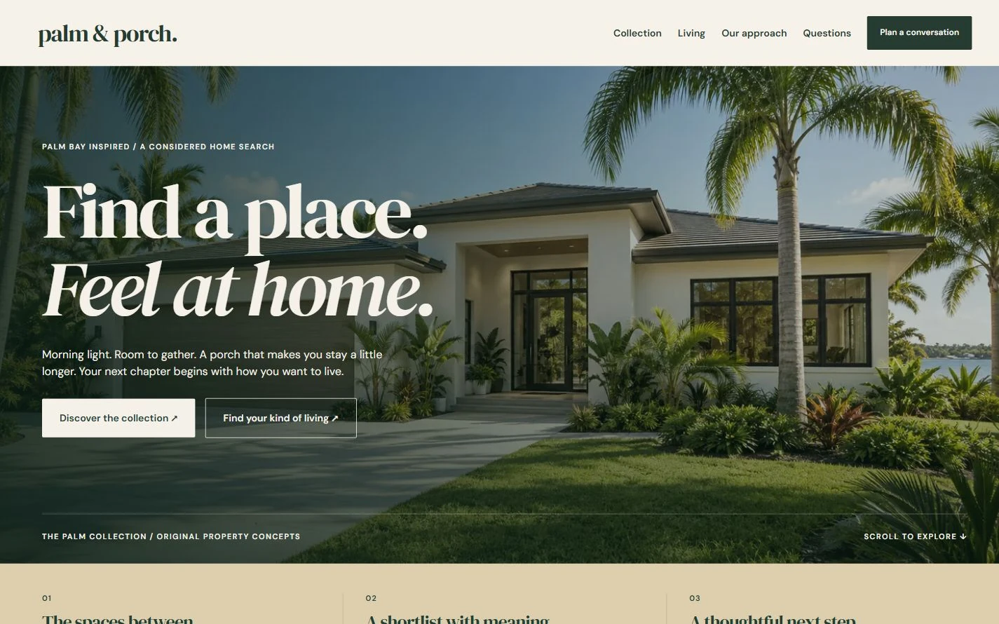 Palm & Porch — desktop capture of the redesigned fictional website, October 2026.