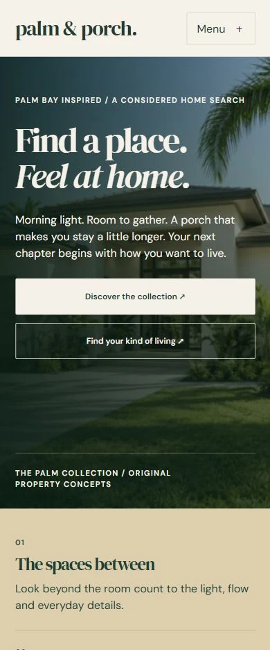 Palm & Porch — mobile capture of the redesigned fictional website, October 2026.