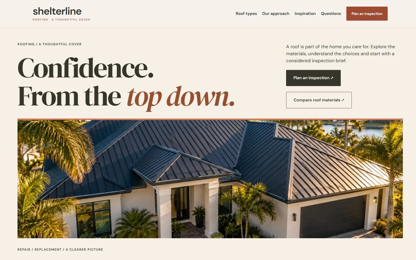 Shelterline Roofing — desktop capture of the redesigned fictional website, October 2026.