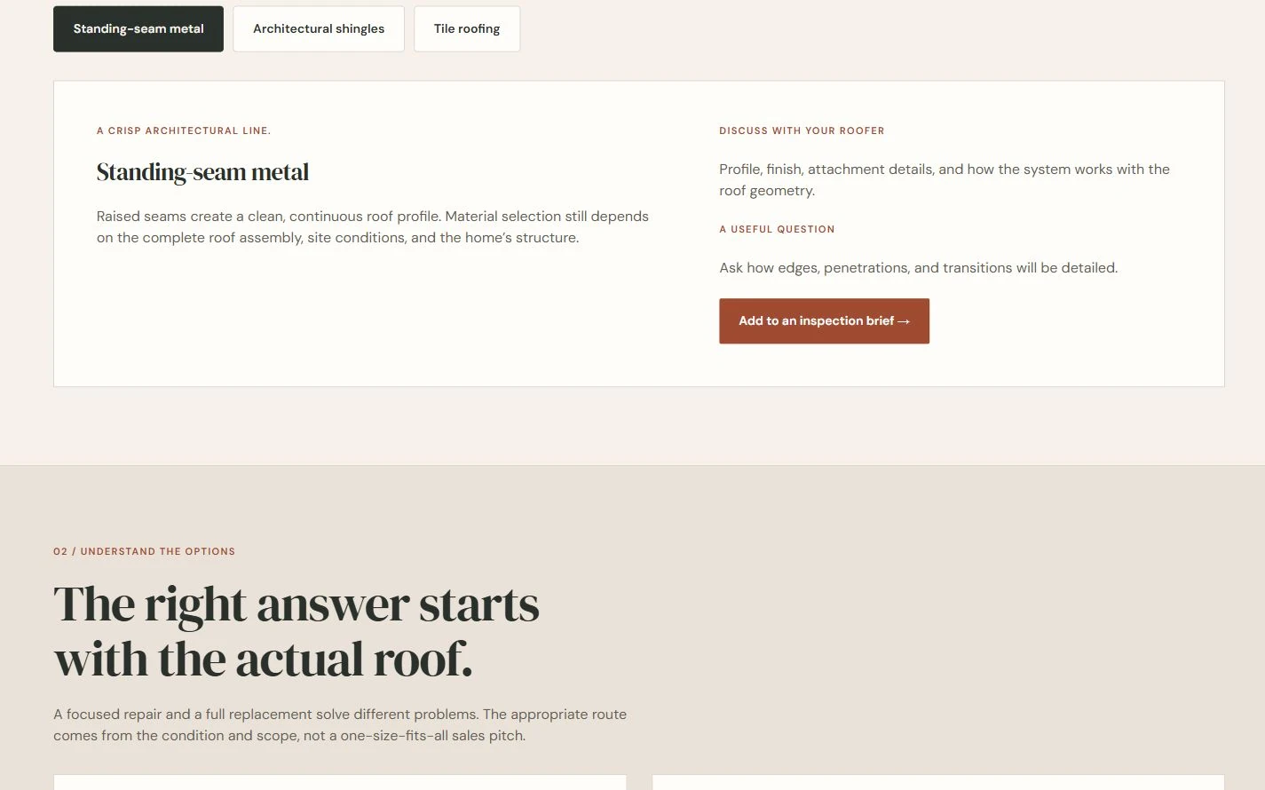 Shelterline Roofing — detail capture of the redesigned fictional website, October 2026.