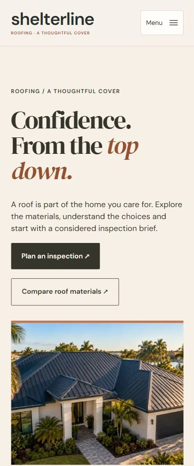 Shelterline Roofing — mobile capture of the redesigned fictional website, October 2026.