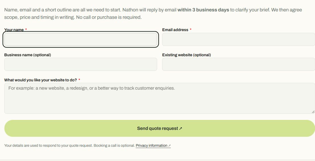 Actual Digital WebShifter quote form with name, email, optional business details and a short project outline. No customer information is shown.