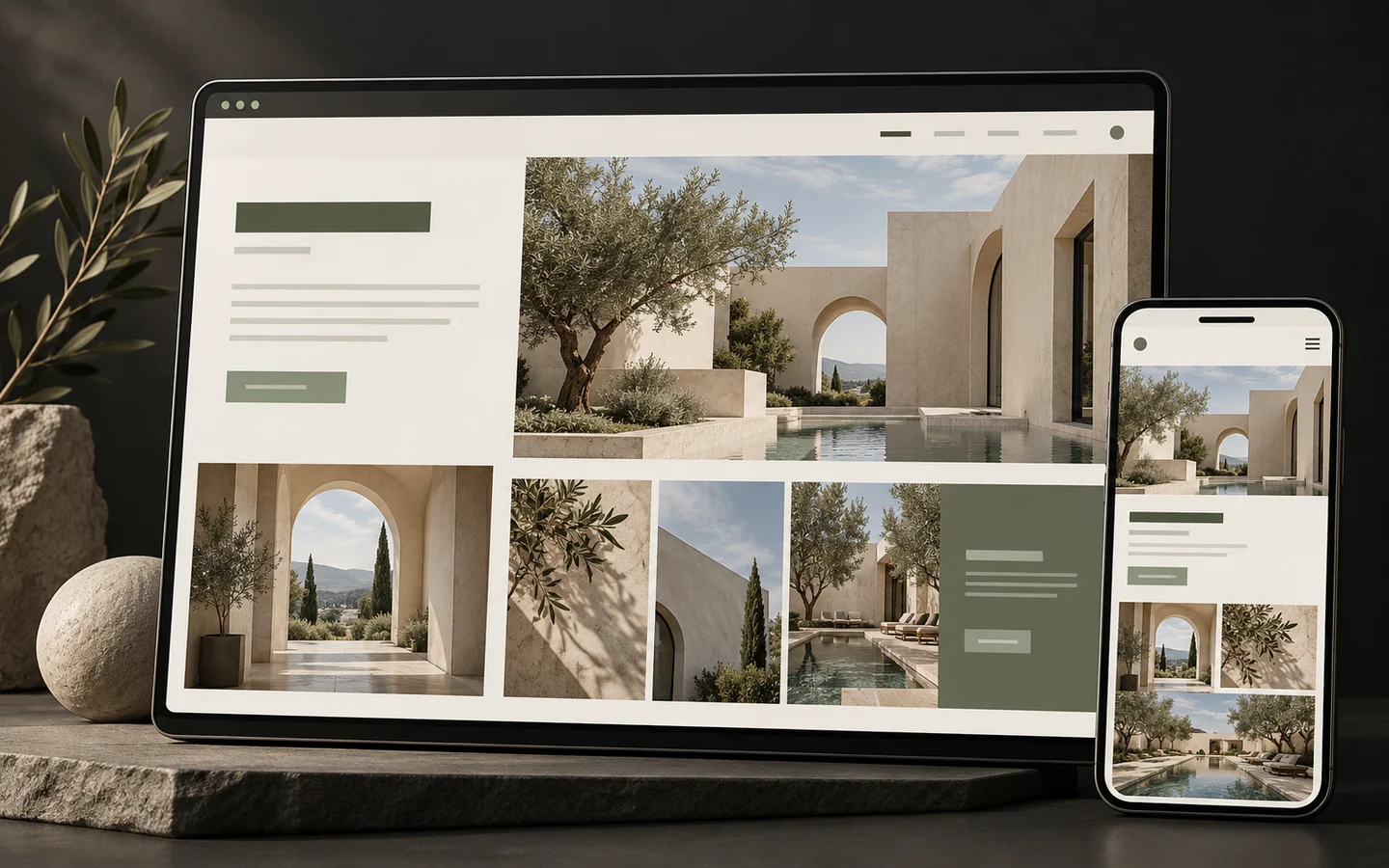 Illustrative responsive website design shown on desktop and mobile.