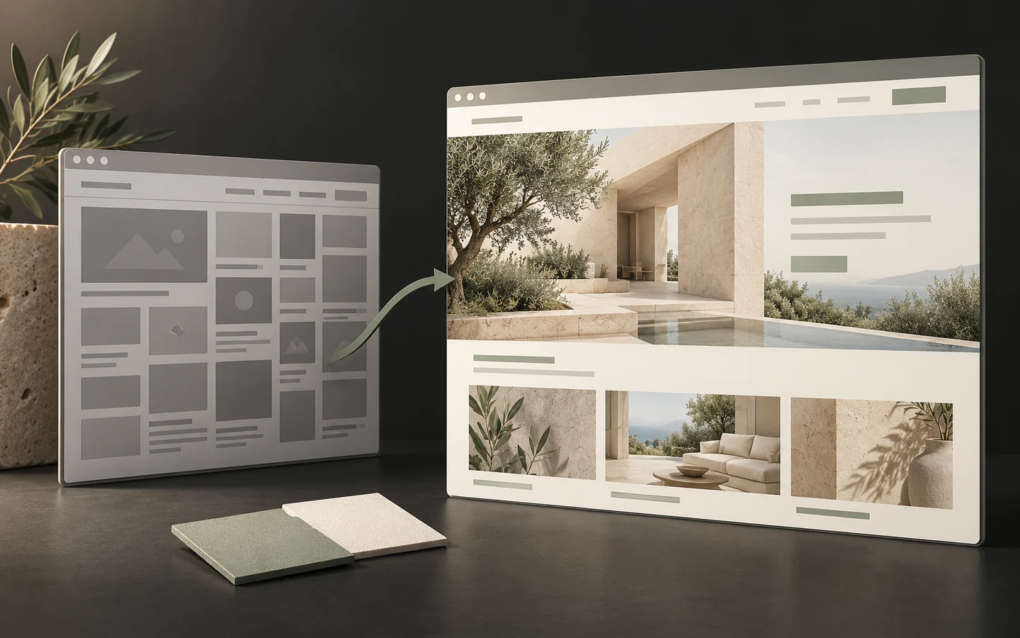 Illustrative website transformation from a rough layout to a refined design.